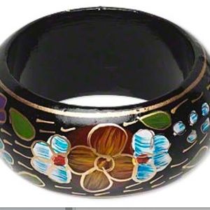 BRACELET, TEAK WOOD, MULTICOLOURED HAND-PAINTED FLOWER DESIGN, 38mm WIDE, 2 ½ in